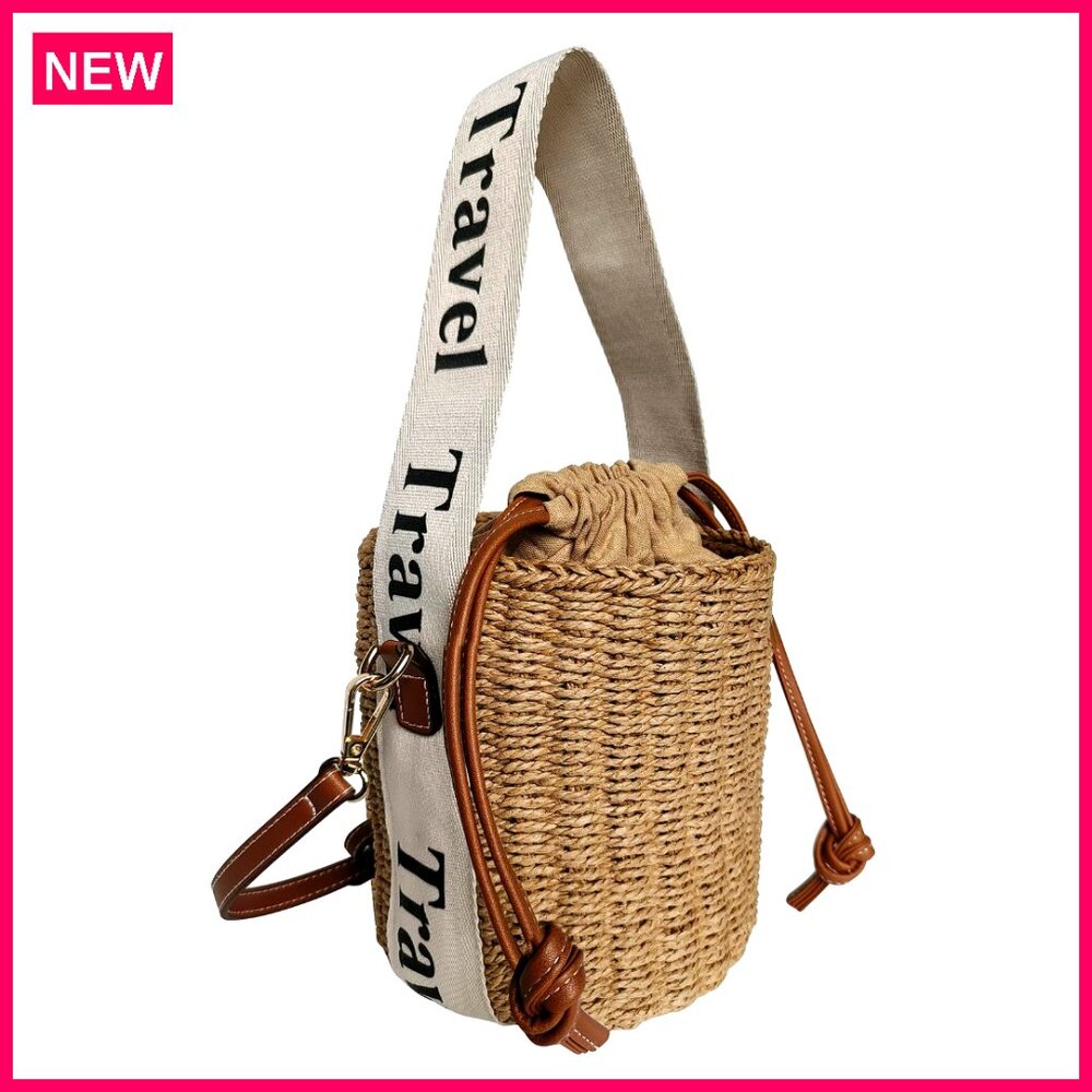 Straw Woven Tote Bag Drawstring Bucket Handbag Adjustable Shoulder Strap